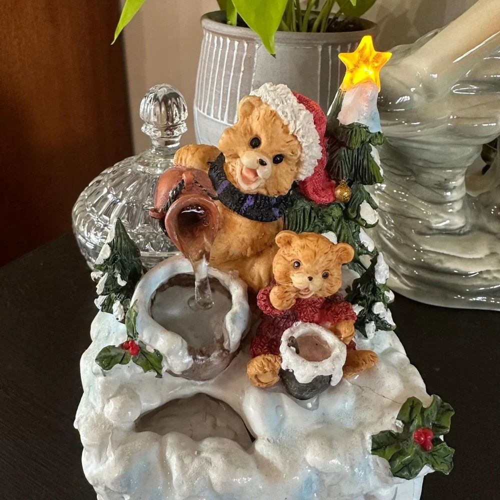 Vtg 90s Christmas Teddy Bear Water Fountain Lighted Tabletop Holiday Decor Retro